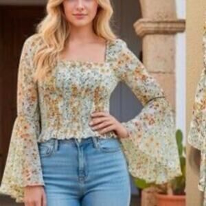 Live 4 Truth Womens Sheer Bell Sleeves Floral Crop Top Size M Festival Fairycore